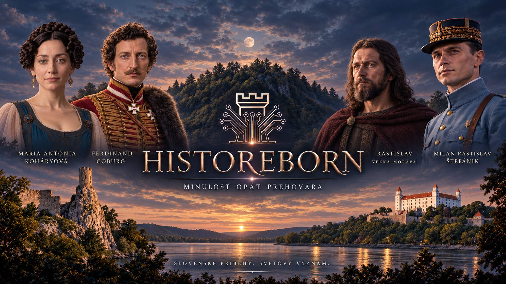 Plagát HISTOREBORN s historickými osobnosťami, Devínom a Bratislavským hradom